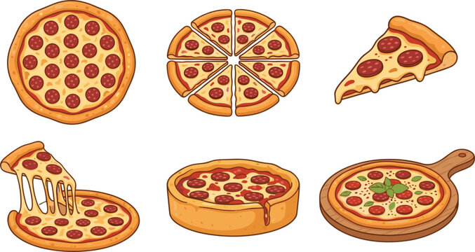 Delicious pepperoni and margherita pizza set including whole pies slices deep dish and melted cheese vector illustration