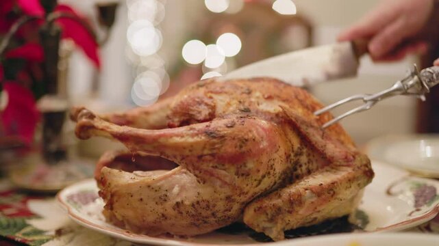 Carving roasted turkey during a festive holiday dinner