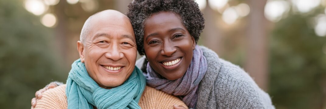 Diverse senior couple smiling closeup outdoors with scarves for healthcare banner and background promoting multicultural aging, friendship and wellbeing