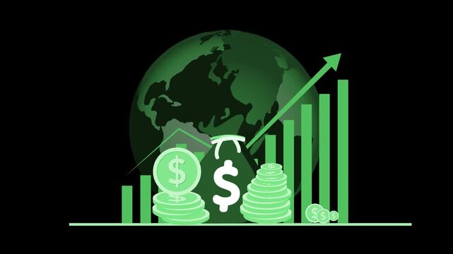 Global finance growth and profit, Money bag in front of a world globe with rising bars and an upward arrow animation