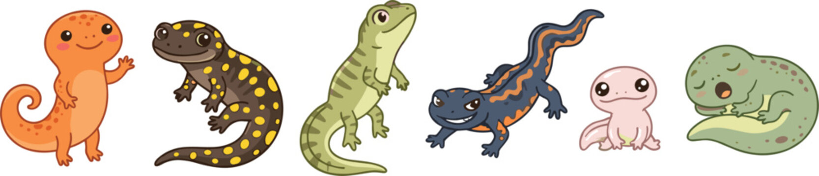 Cute cartoon salamanders and little lizard characters set including funny exotic newt reptile wildlife vector illustration