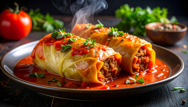 Stuffed cabbage rolls with tomato sauce and aromatic steam in dark fine dining