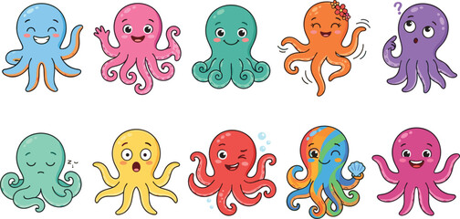 Cute cartoon colorful octopus characters set with funny expressions sea animal under the water vector illustration © Md