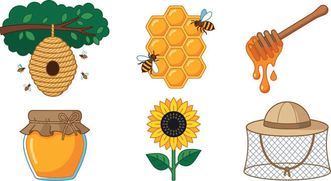 Cute honey bee sticker set featuring cartoon apiary elements with beehive honeycomb dipper jar sunflower and hat.