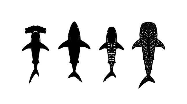 Set of shark species silhouettes in black ink