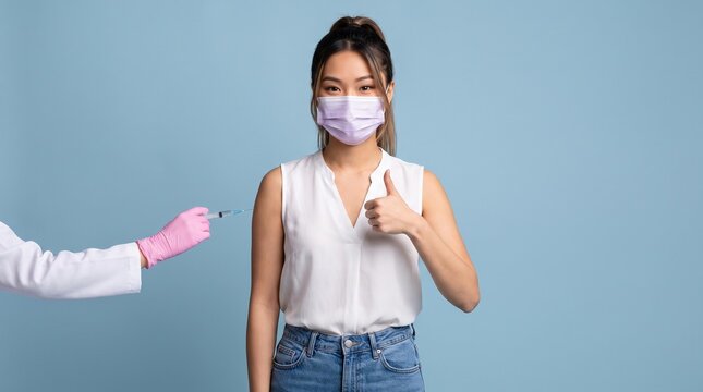 Preventive Medicine: Hesitant Asian patient reacts nervously as clinician offers vaccination