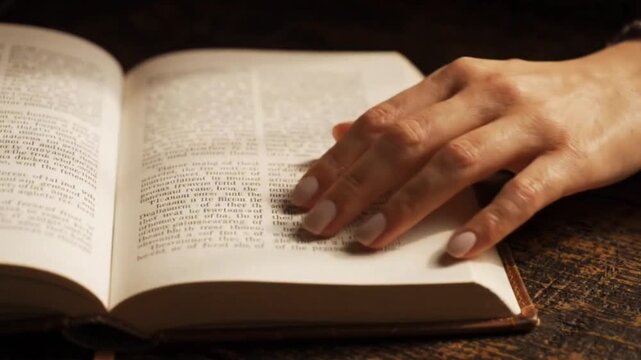 Close up shot of hands flipping pages of an antique book on rustic wooden table in dim light, fingers grazing old paper texture in slow motion video clip.