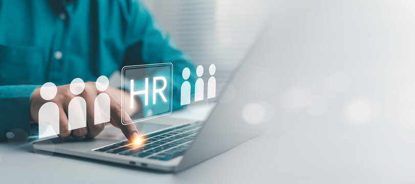 Human resources management concept with person using laptop and HR team icons, representing recruitment, employee management, workforce planning, hiring, talent development and digital workplace.