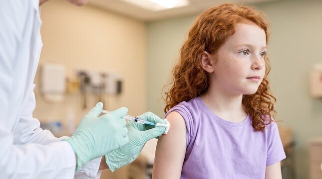 Pediatrics: Red-haired child receives a routine vaccination while looking calmly away