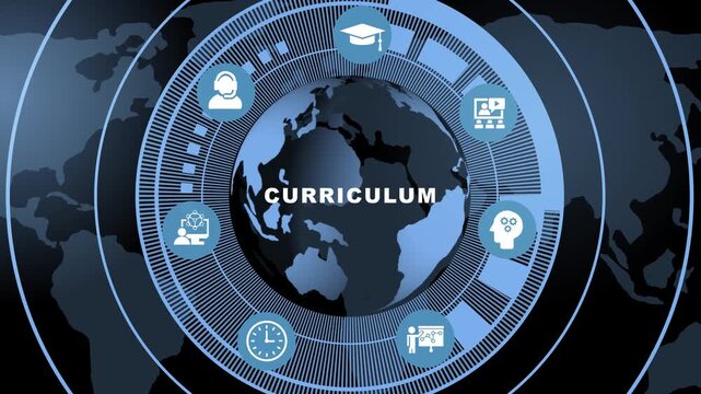 Dynamic digital curriculum concept featuring a rotating global earth map surrounded by interactive educational and futuristic hud interface for modern e-learning and academic presentation media