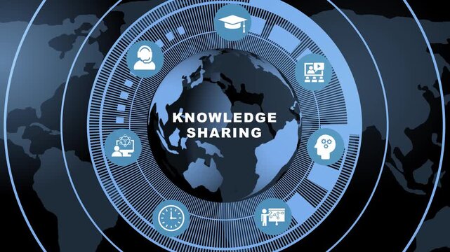 Global knowledge sharing and digital education network concept featuring animated earth globe with interactive for online learning, corporate training, e-learning platforms, and modern information