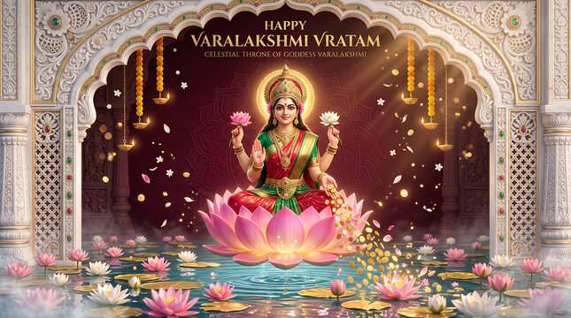 Divine goddess varalakshmi seated on radiant lotus flower amidst traditional temple architecture for religious festival celebration with adorned traditional attire