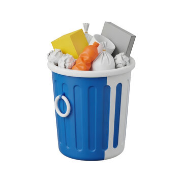 Full blue plastic trash bin overflowing with various household waste and garbage isolated on transparent background