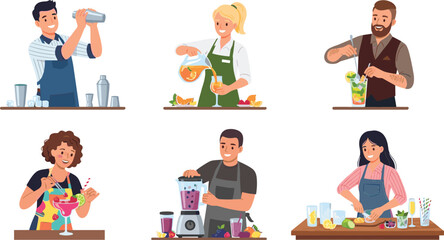 Fototapeta premium Diverse professional bartenders and baristas character set preparing refreshing smoothies fruit cocktails and juices flat vector.