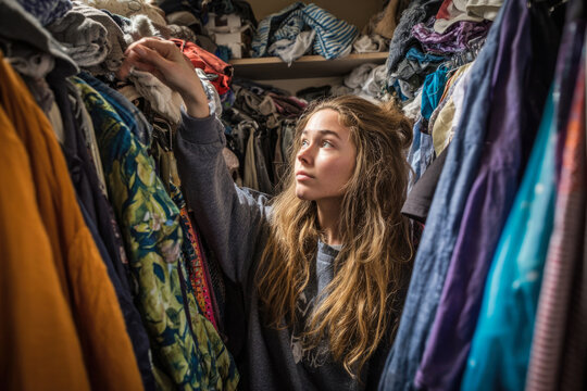 A young woman chooses clothes from a cluttered wardrobe.