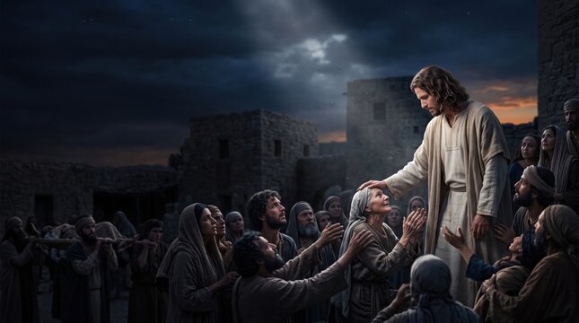Jesus healing an elderly woman in a crowd at sunset. Biblical scene showing Christ performing miracles with his hand on a person in need. Religious faith and divine compassion concept.
