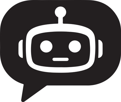 Speech bubble with robot face solid black glyph icon for AI chatbot, virtual assistant and messaging.