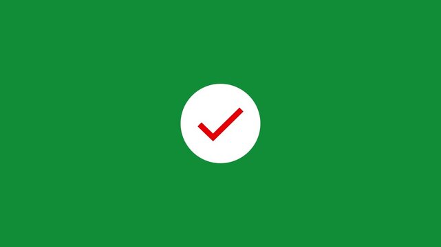 Animated red checkmark inside a white circle on a solid green background, minimalist motion for user interface success confirmation symbol for digital projects and apps