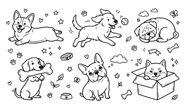 Cute Puppy Dog Vector Icon Set with Corgy French Bulldog Golden Retriever and Pug Playful Line Art Elements for Kids Cartoons and Pet Care