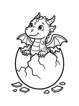 Cute baby dragon hatching from magical egg. Fantasy creature emerging from enchanted shell with wings and scales.
