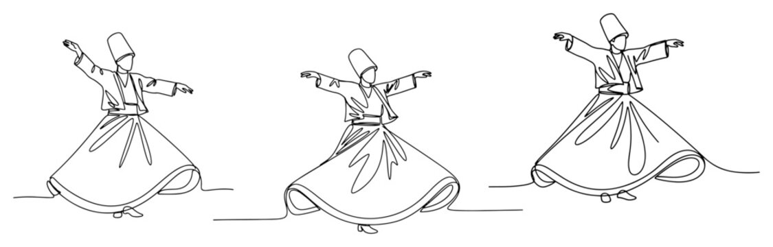 Whirling dervish sufi dancers performing ritual in minimalist continuous line art style