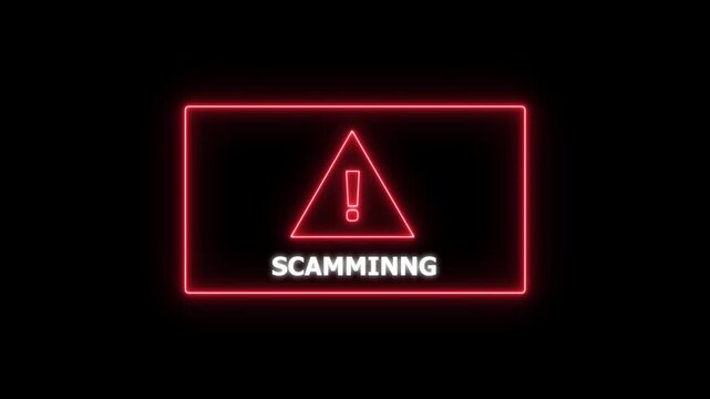 Glowing red neon warning sign displaying the word scamming with an exclamation mark triangle digital cybersecurity alert concept for online fraud prevention, data protection and internet safety