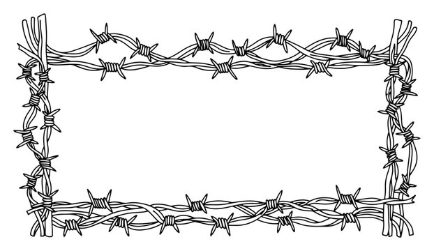 Barbed wire rectangular frame border in minimalist black line art style