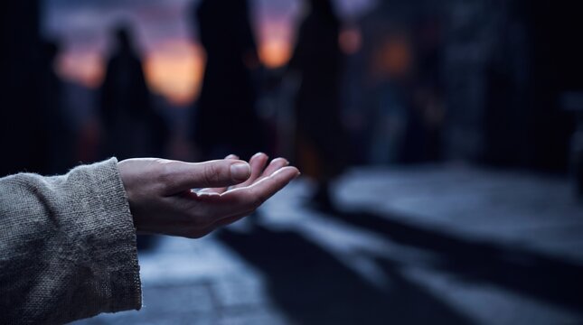 Hand of man reaching out in prayer or healing gesture. Symbolic scene of faith and compassion inspired by biblical narrative of Jesus healing the sick and preaching to a crowd.