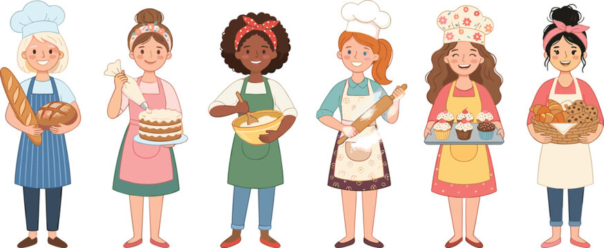 Diverse cartoon female bakers and pastry chefs character collection set holding bread cakes cupcakes cookies baking vector.