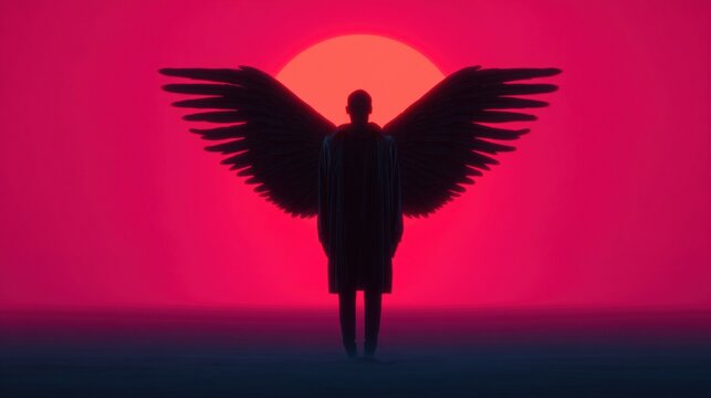 A silhouetted figure with large black wings stands against a vivid red sunset background, evoking a mystical and dramatic atmosphere.