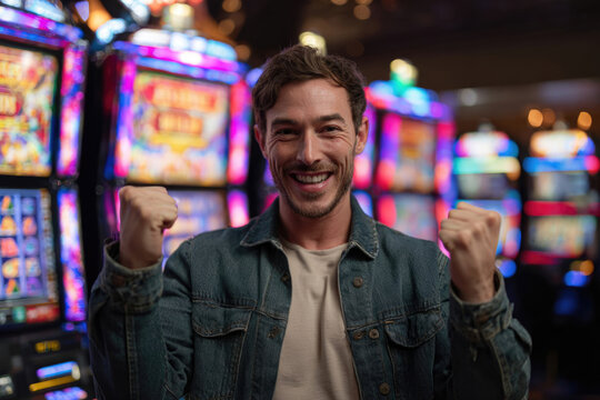 A man celebrates winning a slot machine at a casino.