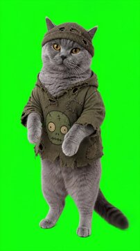 Vertical Halloween British Shorthair Cat Wearing Zombie Costume on Green Screen 4K