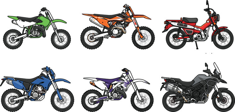 Offroad dirt bike and adventure motorcycle vector vector collection set containing motocross racing pitbike enduro transportation vehicles.