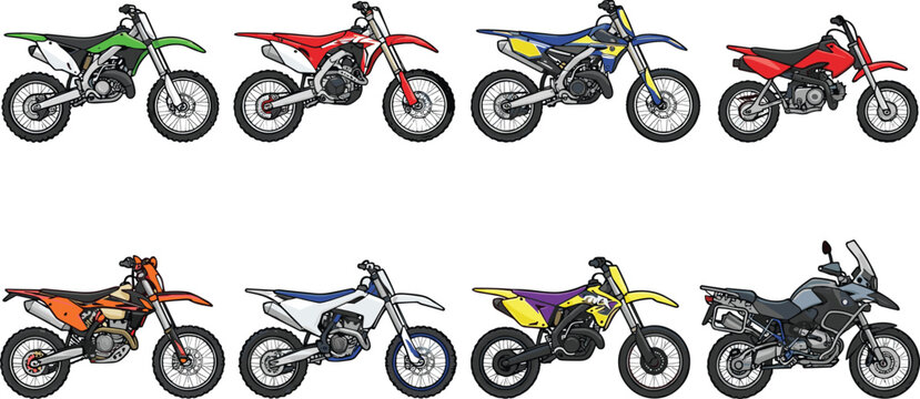 Motocross dirt bike and adventure motorcycle vector vector collection set containing offroad sport racing trail transportation vehicles.