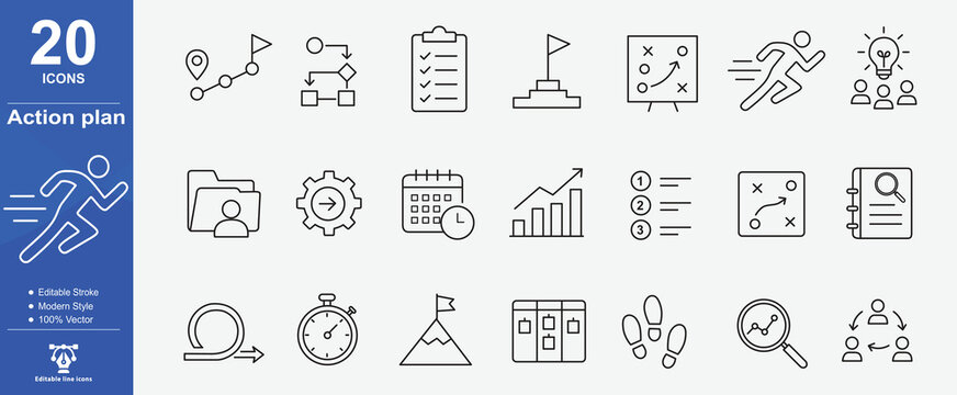 Line icon set for corporate strategy and action plan. Includes symbols for Workflow, Milestone, Execution, and Delegate. line vector icons