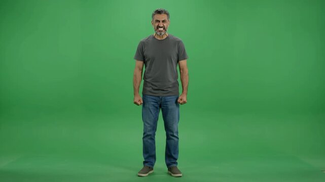 Full body shot of a smiling man in a grey t-shirt and jeans standing against a green screen.