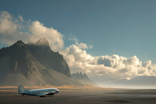A wrecked plane sits on the seashore overlooking the mountains.