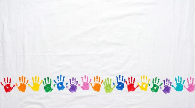 Row of rainbow handprints forms a playful border on clean white. Bright paint imprints create cheerful copy space for school projects, classroom materials, banners, and invitations.