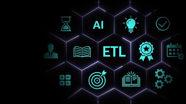 Dynamic etl data integration process visualization featuring futuristic hexagonal network nodes, artificial intelligence and digital business workflow analytics for enterprise software development