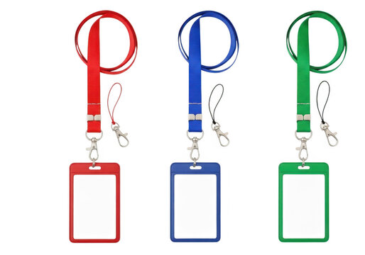 Three blank identification badges with colorful lanyards isolated, identity