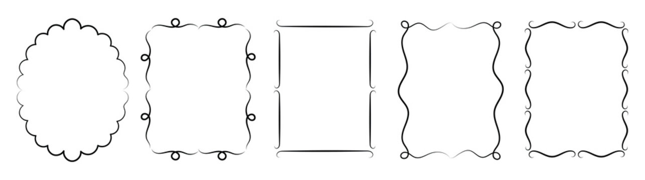 hand drawn wavy frames and abstract borders. Retro wavy picture border set with hand drawn crayon frames, funky scallop edge rectangles and oval shapes, playful groovy photo frame collection, 