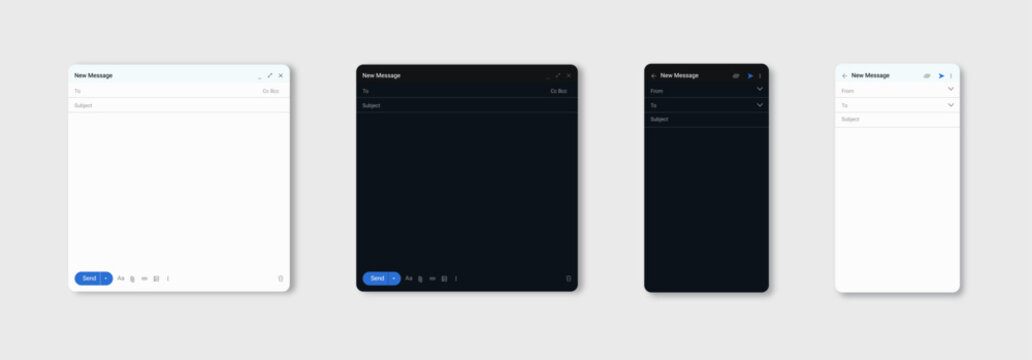 A set of modern email client user interface templates featuring web and mobile email compose windows in light and dark mode themes for UI UX design presentation.