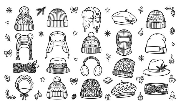 Hand Drawn Winter Hat and Beanie Icon Set Featuring Knitted Caps Ear Muffs Berets and Balaclavas for Cozy Seasonal Graphic Designs