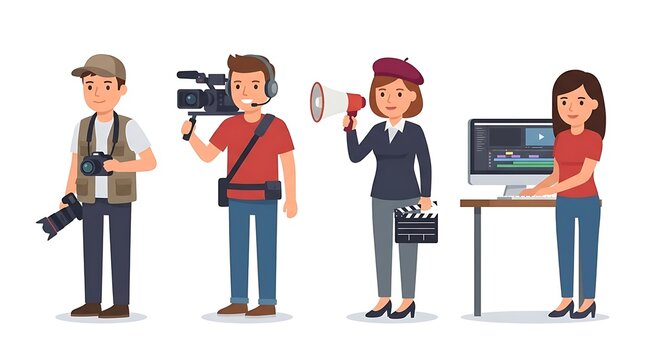 Media production crew including photographer cameraman and editor
