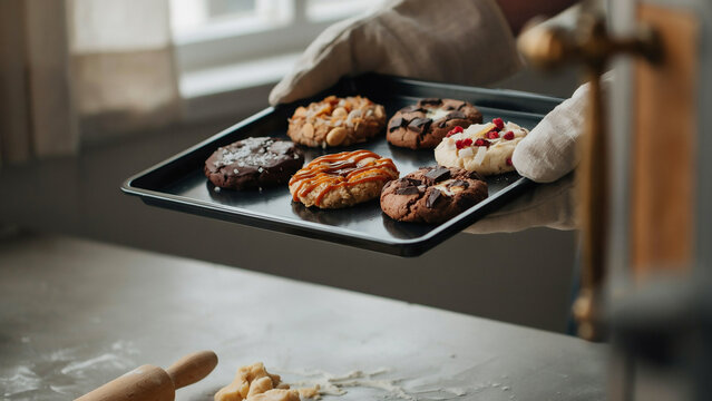 Baker holding baking sheet with freshly baked assorted cookies