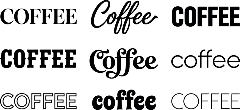 A collection of various typographic logo designs featuring the word coffee text