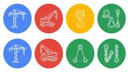 Fototapeta premium Construction Crane and Lifting Equipment Icons for Heavy Machinery and Industrial Rigging