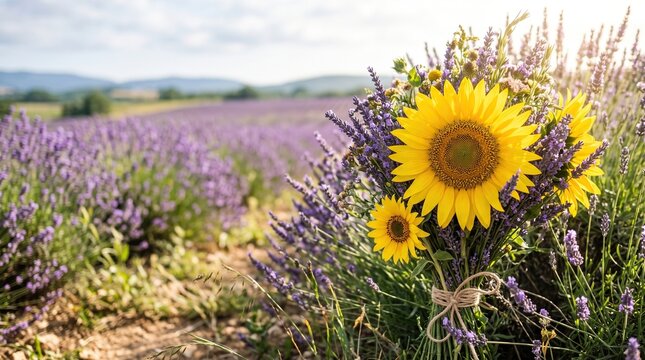 Vibrant bouquet of sunflowers and purple lavender tied with twine in sunny blooming field, floral summer background, close up.