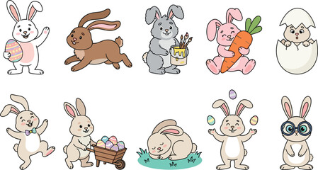 Cute Easter Bunny Vector Character Set Featuring Adorable Rabbits Juggling Eggs Holding Carrot Painting and Pushing a Wheelbarrow Cartoon Illustrations