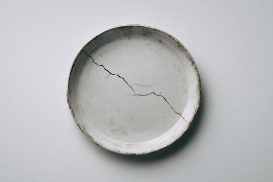 Cracked Ceramic Plate Minimal Imperfection Concept Isolated on White Background